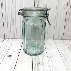 Vintage Hermetic Green Panel Glass Food Storage Jar Bail Clamp Made In Italy 8”